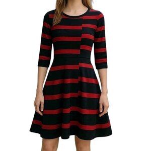 Danny Nicole Fit N Flare Sweater Dress Size L Red Black Pullover 3/4 Sleeve New